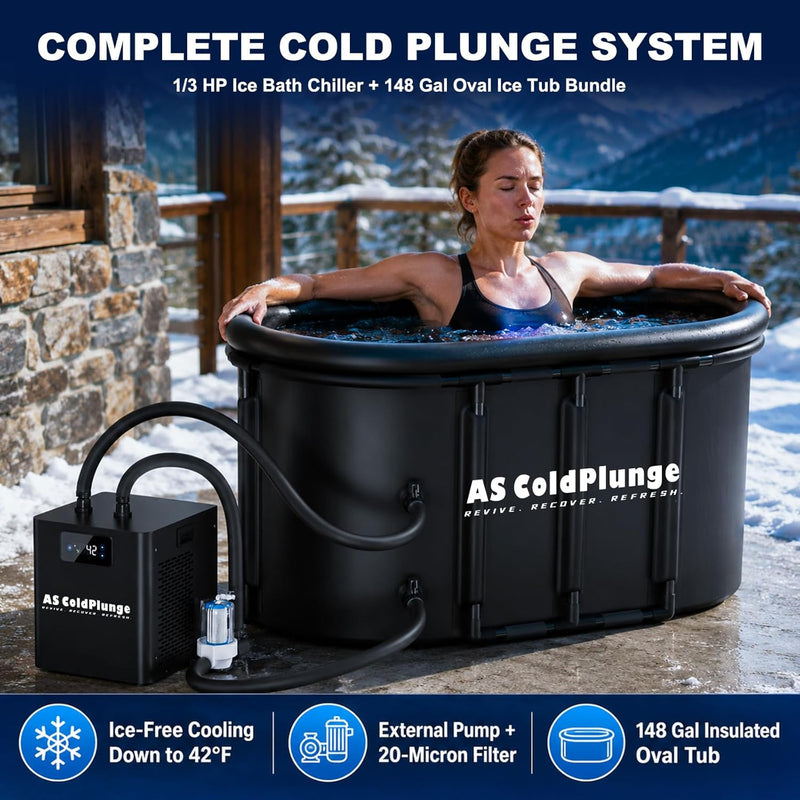 1/3 HP Ice Bath Chiller & 148 Gal Oval Cold Plunge Tub Kit