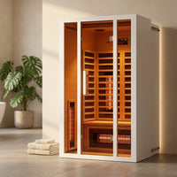 2 Person Extendable FAR Infrared Sauna for Home, Hemlock Wood Low EMF 6 Carbon Heaters Indoor Saunas with LED Lights, Bluetooth Speaker, Digital Control Panel, and Seating Bench — Studio Shot