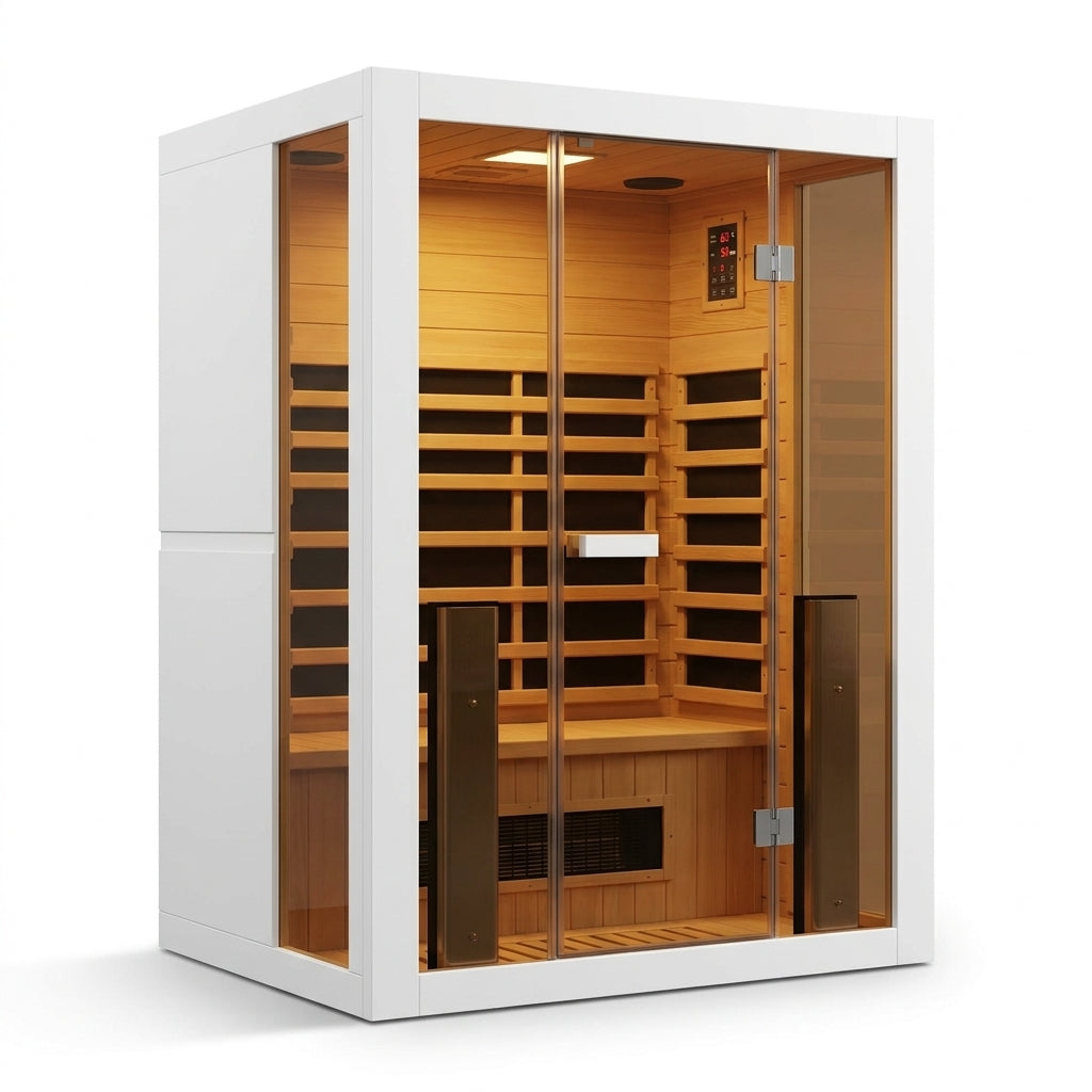 2 Person Extendable FAR Infrared Sauna for Home, Hemlock Wood Low EMF 6 Carbon Heaters Indoor Saunas with LED Lights, Bluetooth Speaker, Digital Control Panel, and Seating Bench — Studio Shot