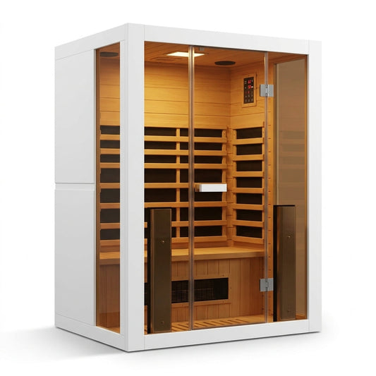 2 Person Extendable FAR Infrared Sauna for Home, Hemlock Wood Low EMF 6 Carbon Heaters Indoor Saunas with LED Lights, Bluetooth Speaker, Digital Control Panel, and Seating Bench — Studio Shot