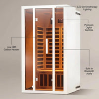 2 Person Extendable FAR Infrared Sauna for Home, Hemlock Wood Low EMF 6 Carbon Heaters Indoor Saunas with LED Lights, Bluetooth Speaker, Digital Control Panel, and Seating Bench — infographic