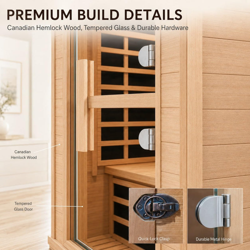2 Person Far Infrared Sauna with Smart APP Control, 2000W Low EMF Wooden Infrared Sauna Room for Home, 8 Carbon Mica Heating Panels Wellness Sauna, Canadian Hemlock Indoor Spa for Home Relaxation