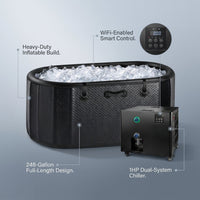 Cold Plunge Tub, 248 Gallon, 1 Horsepower, Heavy-Duty Ice Bath Tub for Athletes with Hot & Cold, Portable Inflatable Plunge Chiller with Water Treatment Kit, Immersion Therapy, Wifi (Black, 1 Set) — infographic