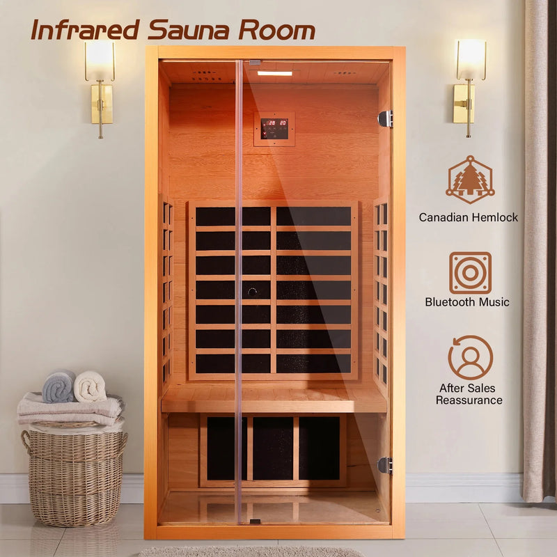 1 Person Extendable FAR Infrared Sauna for Home, Hemlock Wood Low EMF 6 Carbon Heaters Indoor Saunas with LED Lights, Bluetooth Speaker, Digital Control Panel, and Seating Bench
